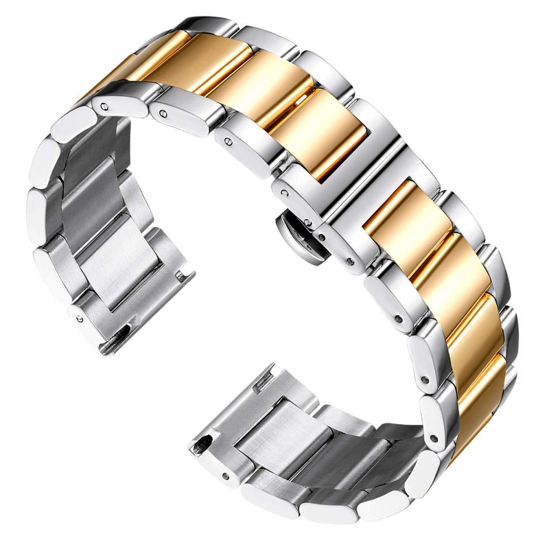 BINLUN Thick Stainless Steel Watch Band Metal Heavy Polished Matte Brushed Finish Watch Strap Replacement for Men Women 16mm/18mm/20mm/21mm/22mm/23mm/24mm/26mm(Polished Silver and Gold,20mm) - Image 1